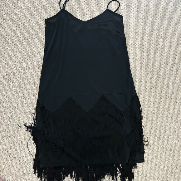 Vintage Pat Richards Fringe Slip Dress Womens Black Spaghetti Strap Tassel SZ12 - Picture 1 of 9